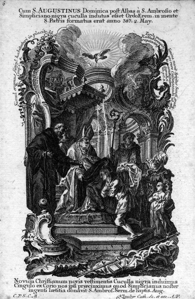 Ambrosius überreicht Augustinus das Taufgewand (nach einem Fresko in der Augustinuskirche) [Augustinus-Vita Nr. 6] (Museum und Galerie im Prediger CC BY-NC-SA)