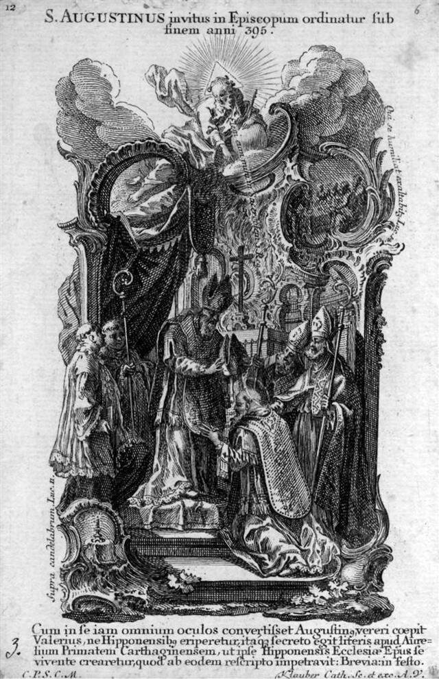 Augustinus wird zum Bischof geweiht (nach dem südlichen Teil des Deckengemäldes am Schiff der Augustinuskirche) [Augustinus-Vita Nr. 12] (Museum und Galerie im Prediger CC BY-NC-SA)