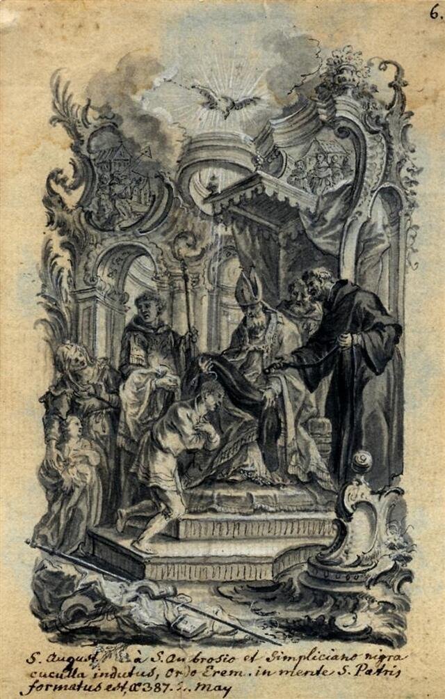 Ambrosius überreicht Augustinus das Taufgewand (nach einem Klauber-Stich) (Museum und Galerie im Prediger CC BY-NC-SA)
