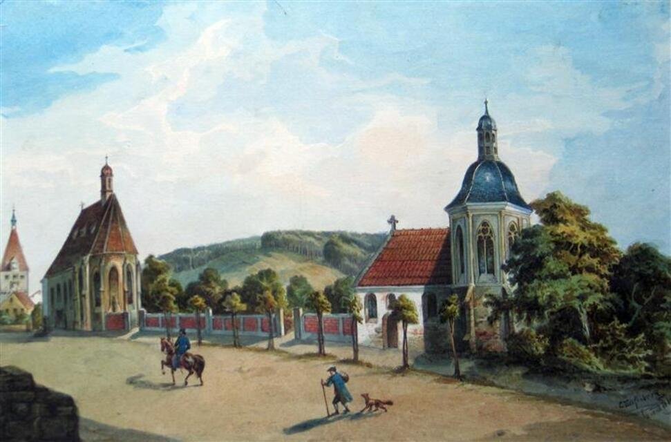 Schwäbisch Gmünd: Leonhardskapelle und Herrgottsruhkapelle von Südosten (Museum und Galerie im Prediger CC BY-NC-SA)