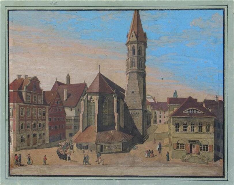 Schwäbisch Gmünd: Die Johanniskirche von Osten mit Kramläden (Museum und Galerie im Prediger CC BY-NC-SA)