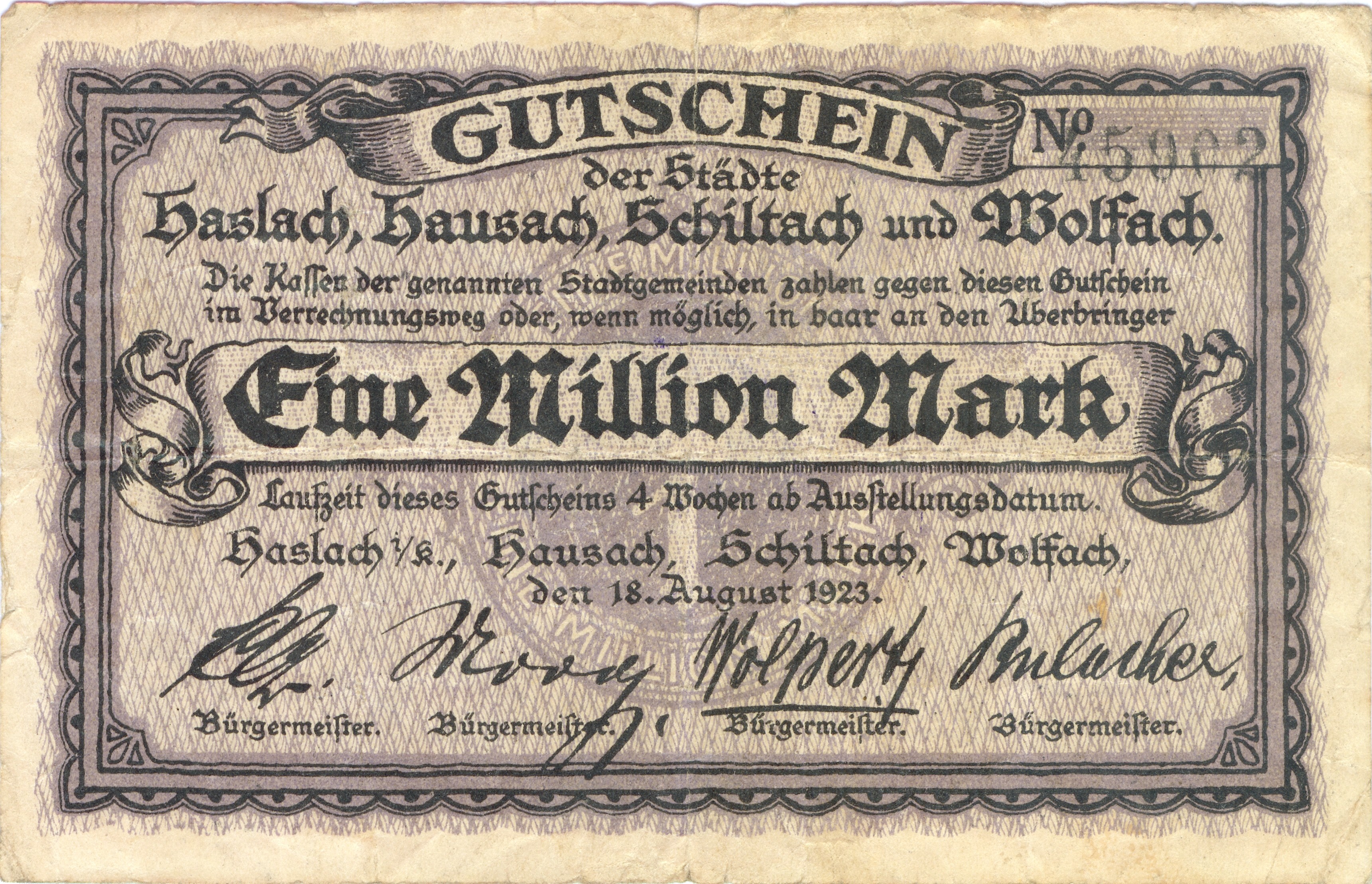 Notgeld - 1 Million Mark-Schein der Städte des Kinzigtals (Stadt Schiltach CC BY-NC-SA)