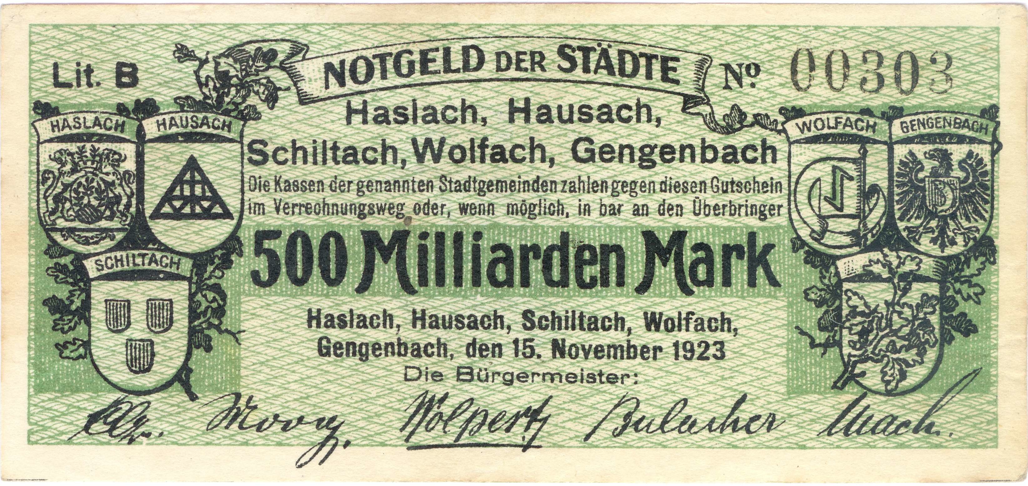 Notgeld - 500 Milliarden Mark-Schein der Städte des Kinzigtals (Stadt Schiltach CC BY-NC-ND)