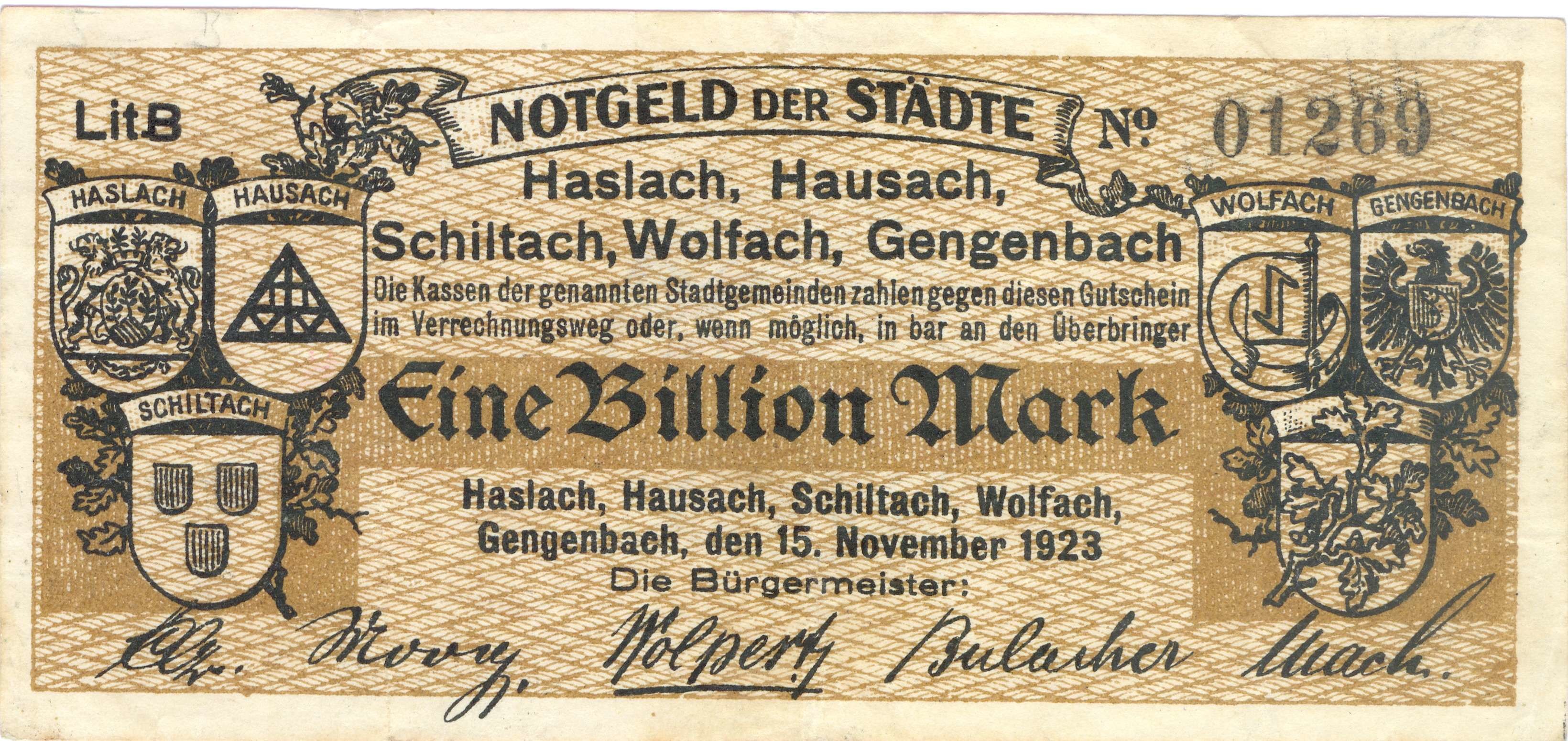 Notgeld - 1 Billion Mark-Schein der Städte des Kinzigtals (Stadt Schiltach CC BY-NC-ND)