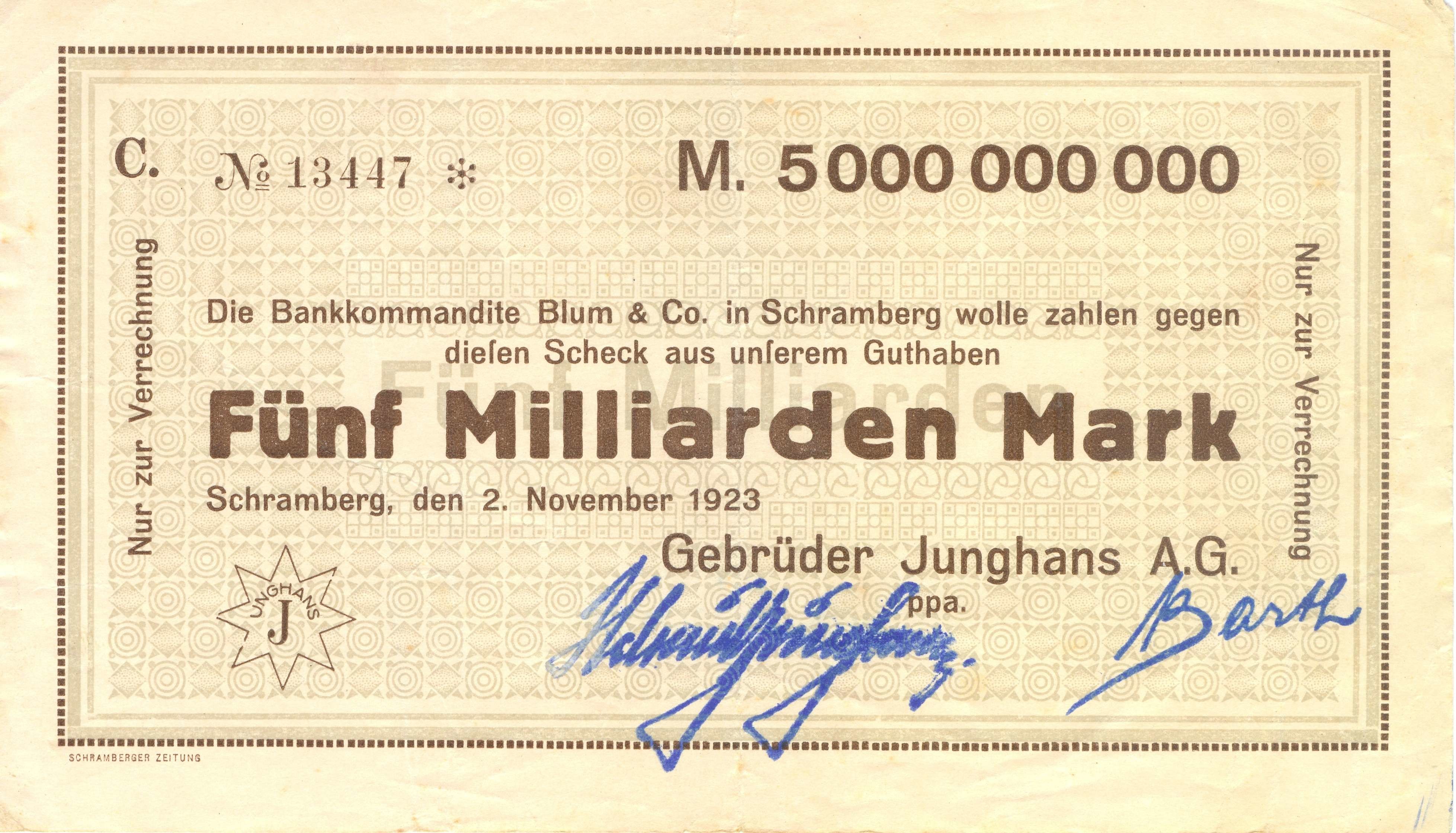 Notgeld - 5 Milliarden Mark-Schein der Firma Junghans (Stadt Schiltach CC BY-NC-ND)