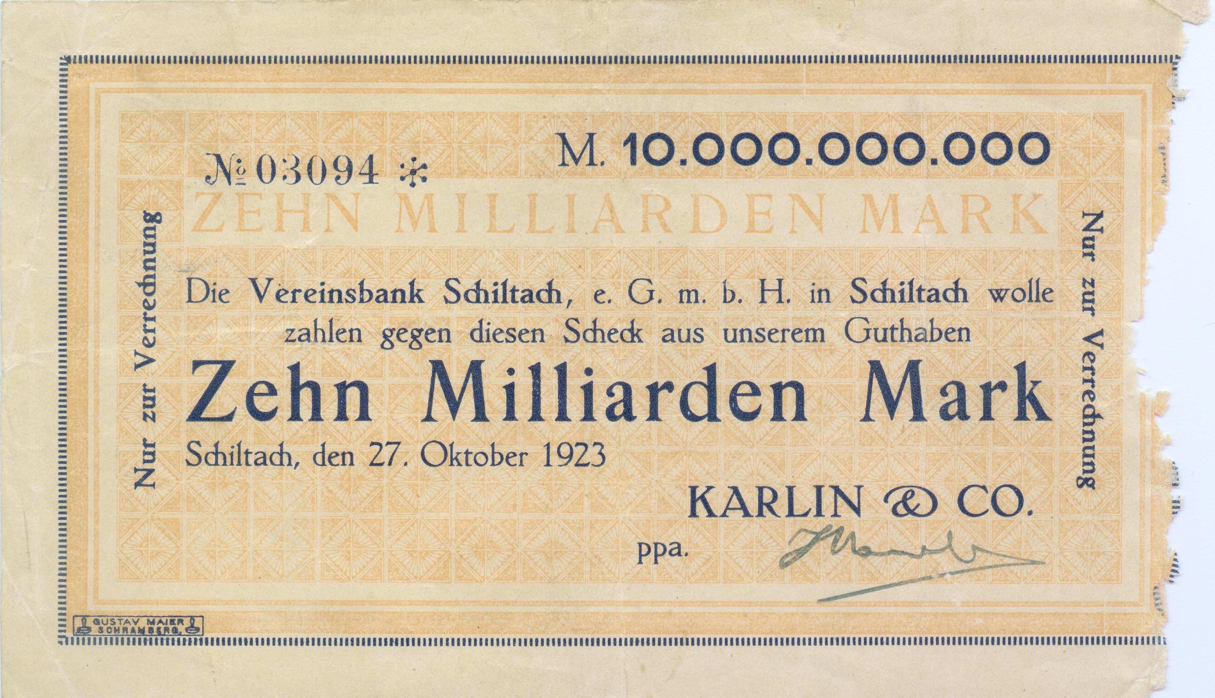 Notgeld - 10 Milliarden Mark-Schein der Firma Karlin aus Lehengericht/Schiltach (Stadt Schiltach CC BY-NC-ND)