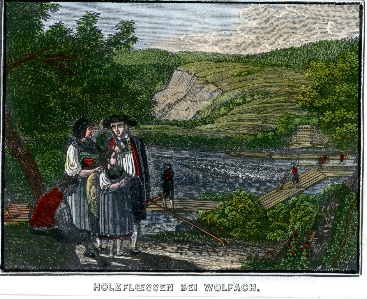 Colorierter Stich "Holzfloessen bei Wolfach" (Stadt Schiltach CC BY-NC-SA)