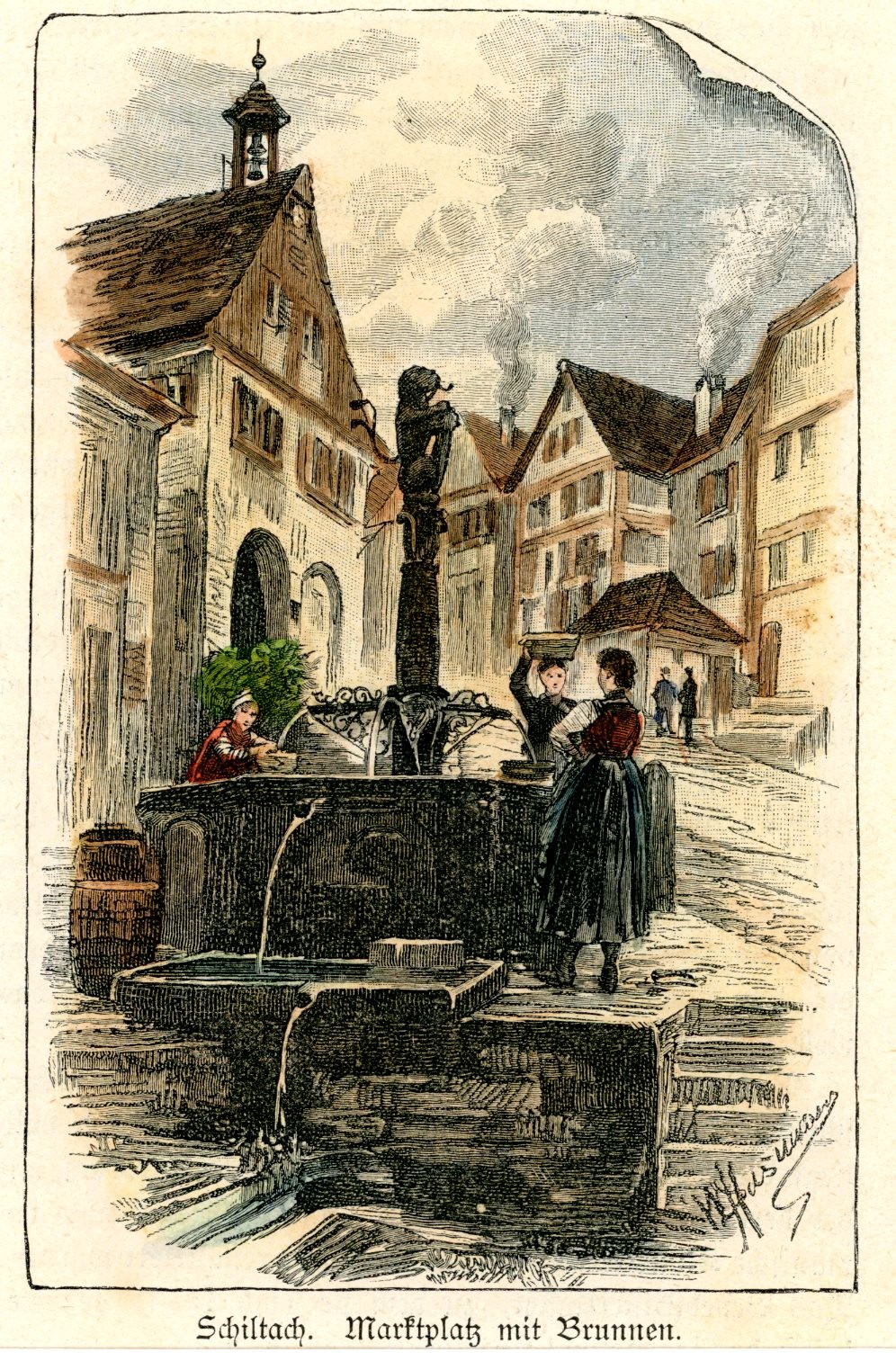 Colorierter Stich "Schiltach. Marktplatz mit Brunnen" (Stadt Schiltach CC BY-NC-SA)