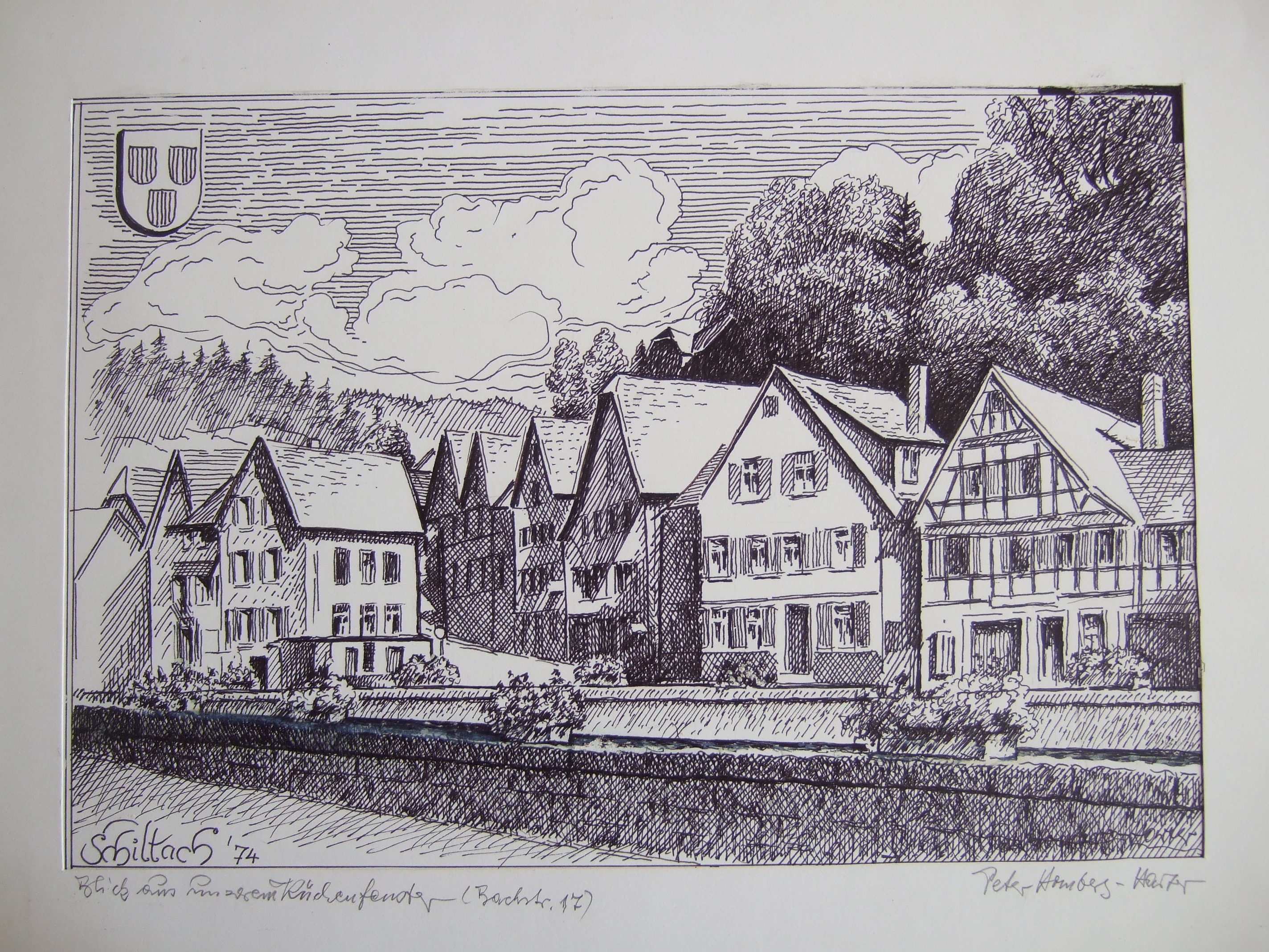 Zeichnung, Ortsbild Schiltach, Schramberger Straße mit dem Gasthaus Zur Brücke (Stadt Schiltach CC BY-NC-ND)