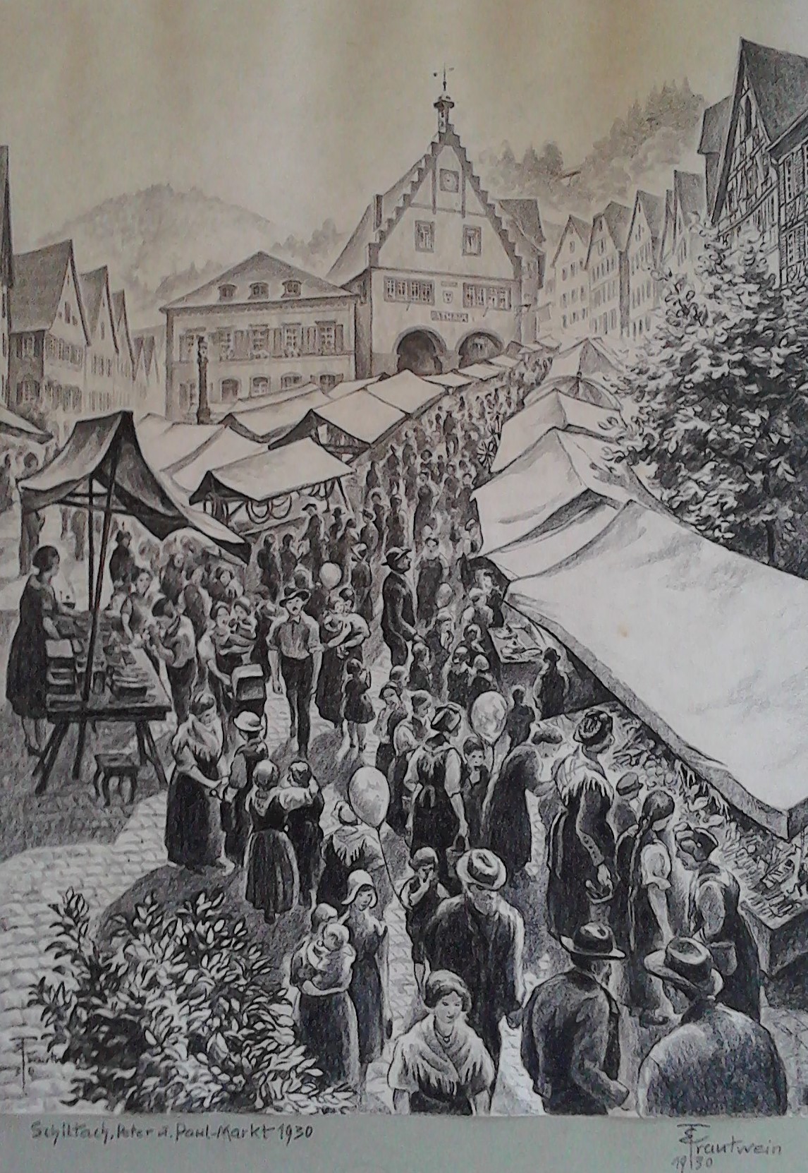 Zeichnung "Schiltach, Peter u. Paul-Markt 1930" (Stadt Schiltach CC BY-NC-ND)