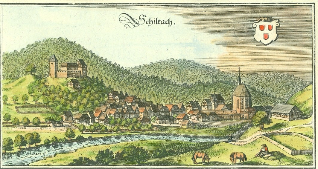 colorierte Grafik "Schiltach, Merian 1643" (Stadt Schiltach CC BY-NC-ND)
