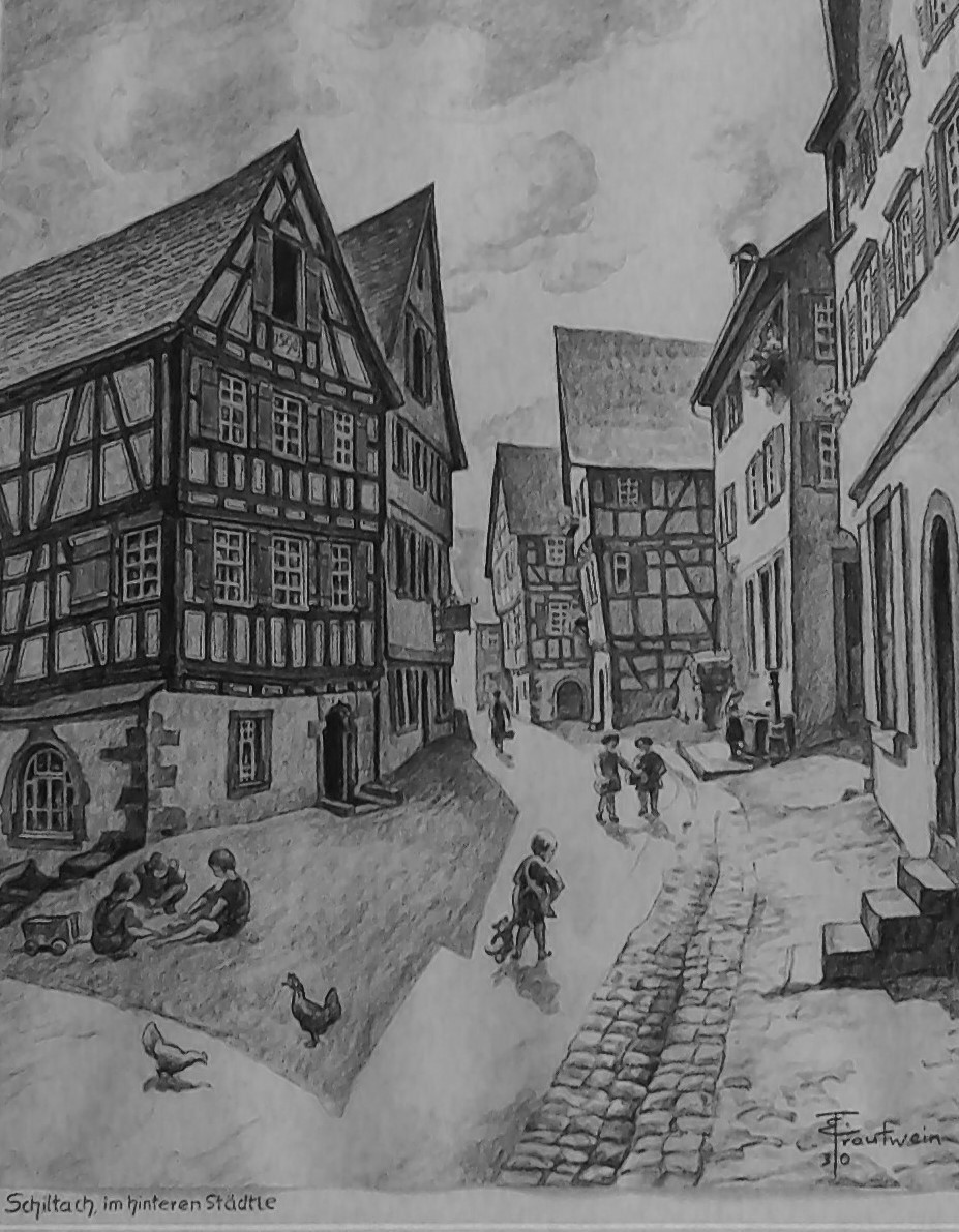 Zeichnung "Schiltach, im hinteren Städtle" (Stadt Schiltach CC BY-NC-ND)