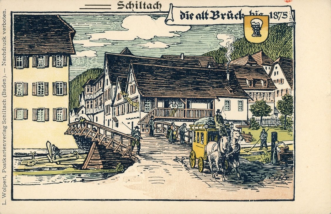 Grafik der Stadtbrücke Schiltach von Heinrich Eyth, gedruckt als Postkarte (Museum am Markt Schiltach CC BY-NC-ND)