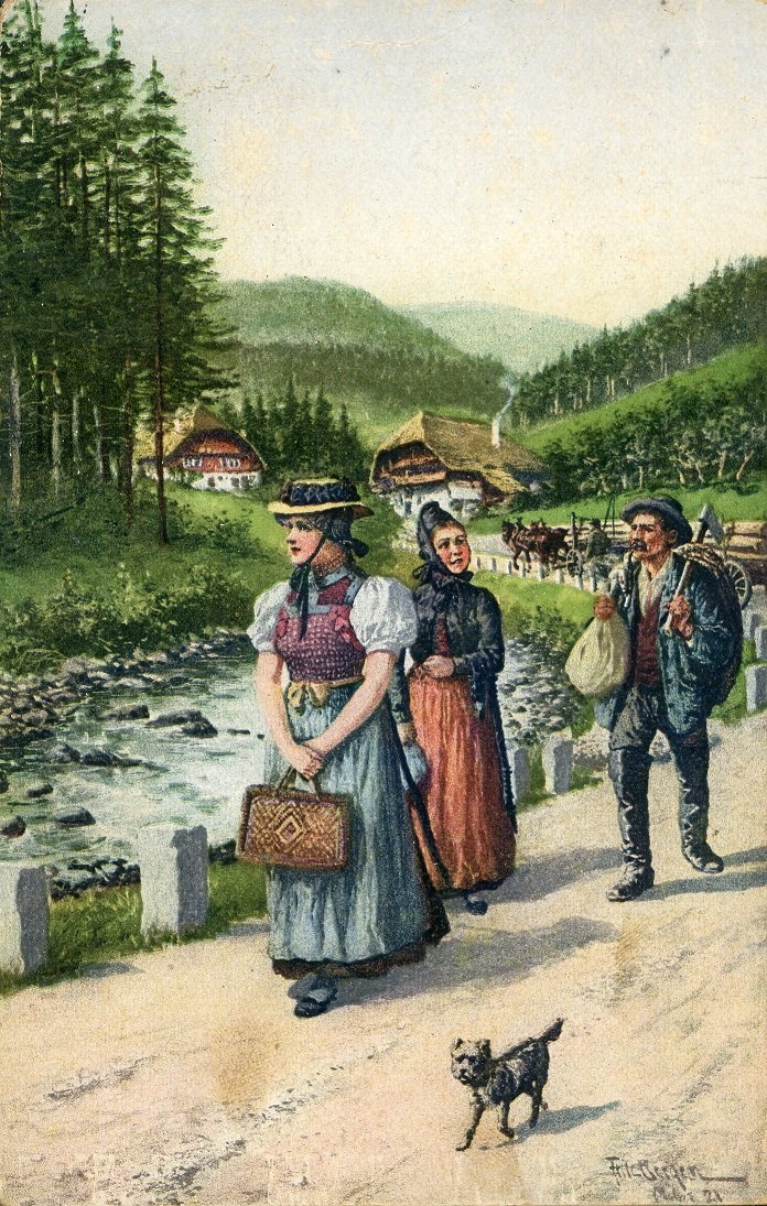Flößer und Trachtenträgerinnen, gezeichnet von Fritz Bergen (Museum am Markt Schiltach CC BY-NC-ND)
