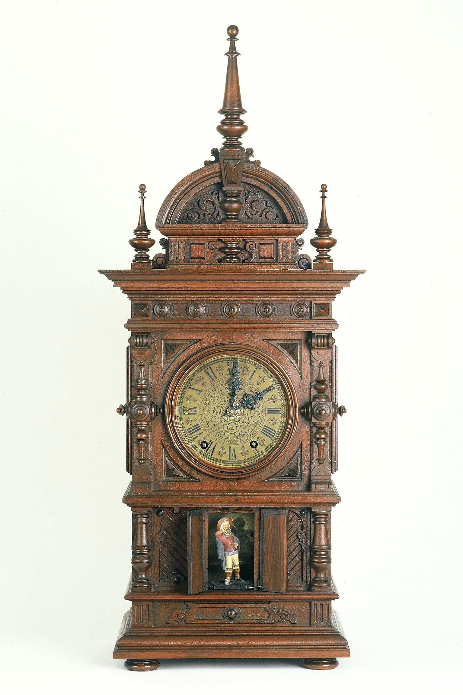 Trompeteruhr, Emilian Wehrle und Co., Furtwangen um 1890 (Deutsches Uhrenmuseum CC BY-SA)