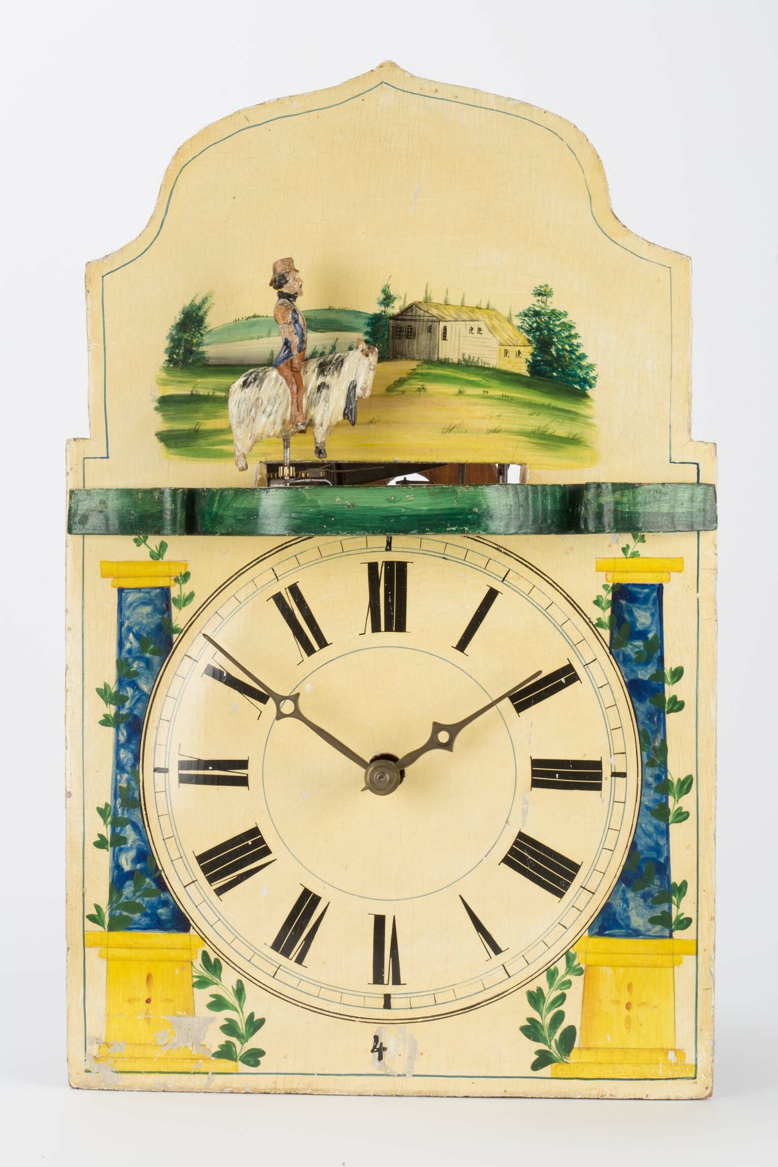 Lackschilduhr mit Schneider auf dem Ziegenbock, Jacob Bäuerle, Furtwangen um 1860 (Deutsches Uhrenmuseum CC BY-SA)
