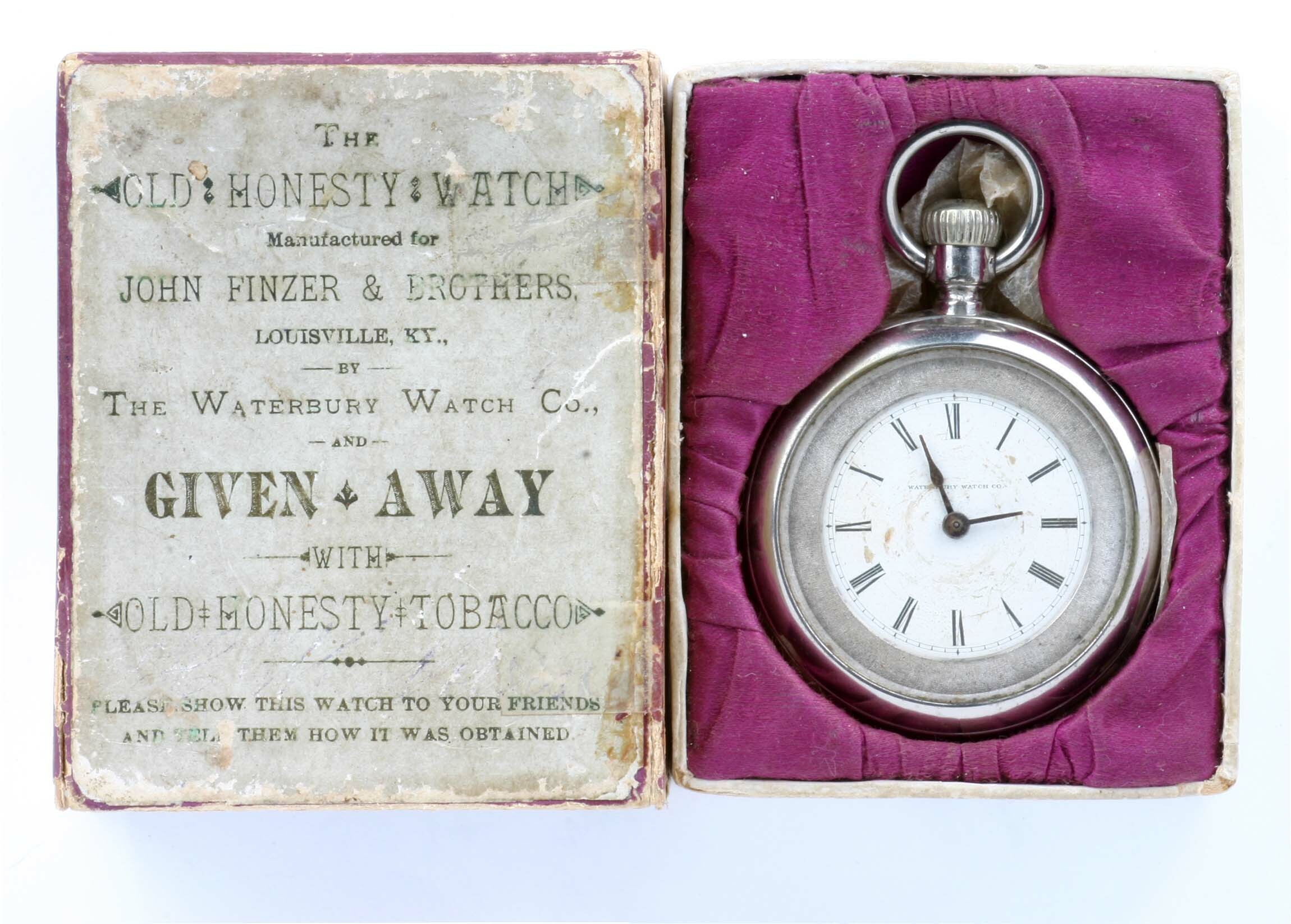 Taschenuhr mit Schachtel, Waterbury Watch Co., Waterbury, USA, um 1882. (Deutsches Uhrenmuseum CC BY-SA)
