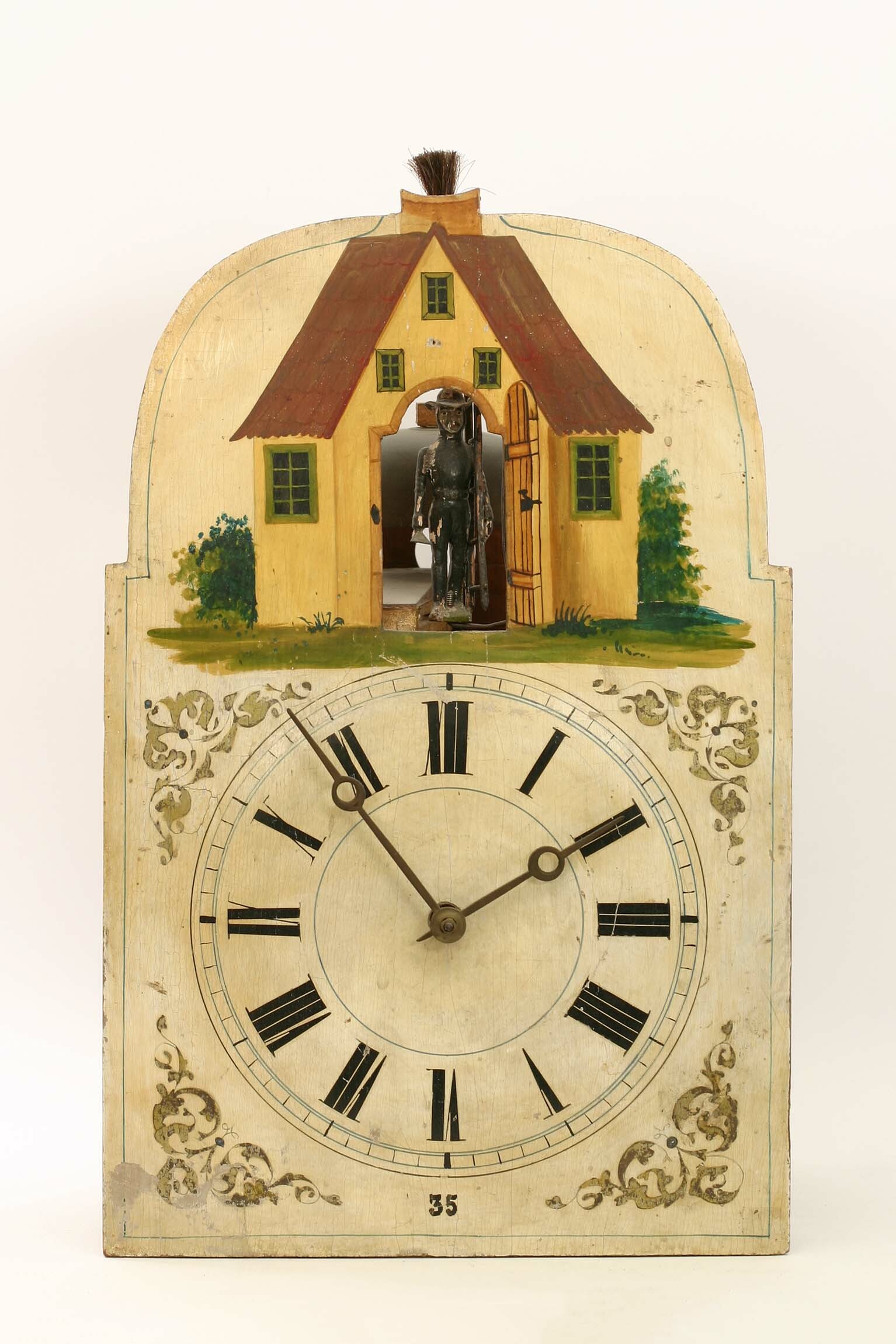 Lackschilduhr mit "Schornsteinfeger", Jacob Bäuerle, Furtwangen, um 1860 (Deutsches Uhrenmuseum CC BY-SA)