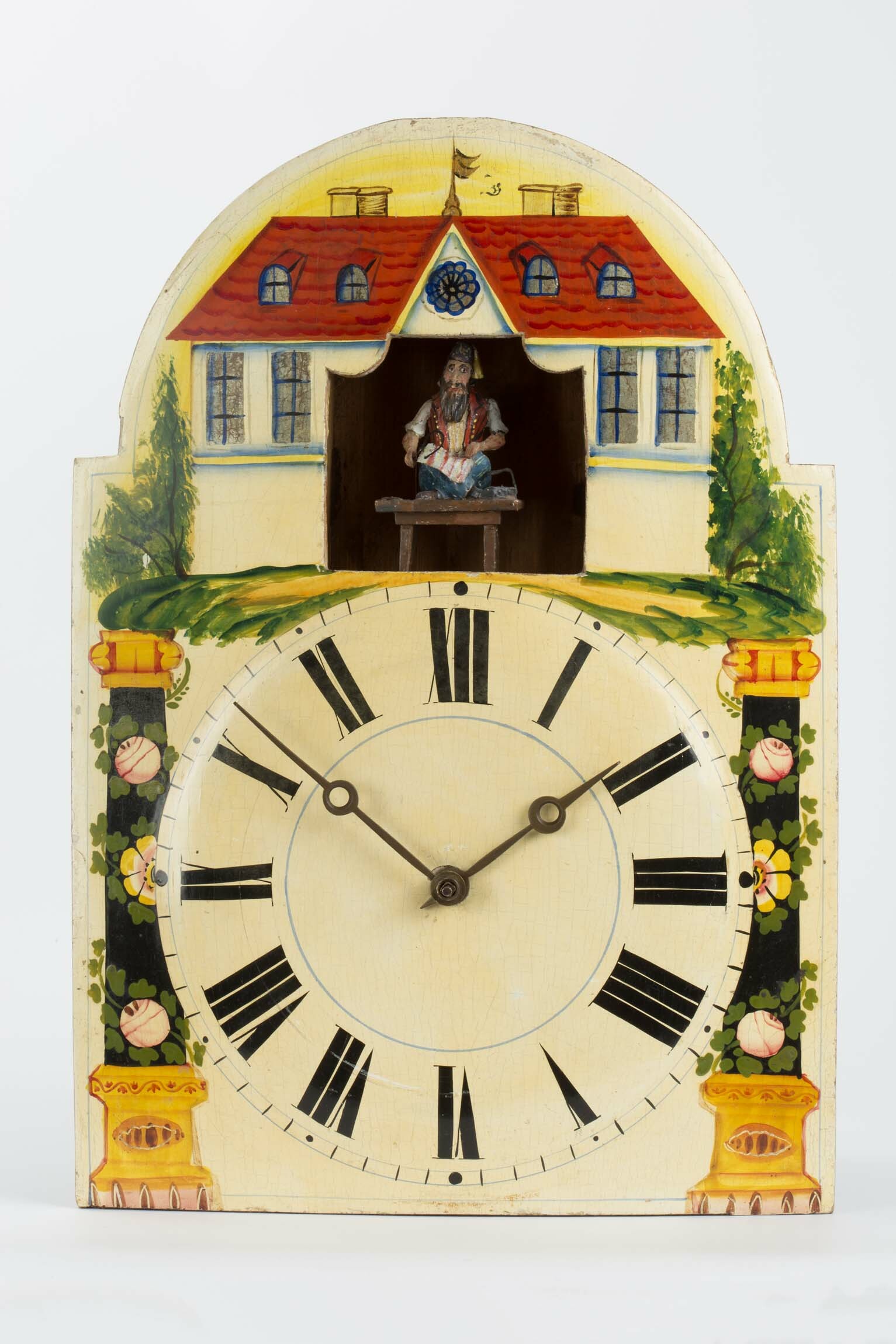 Lackschilduhr mit "Schneider", Georg Schildecker, Gütenbach, Mitte des 19. Jahrhunderts (Deutsches Uhrenmuseum CC BY-SA)