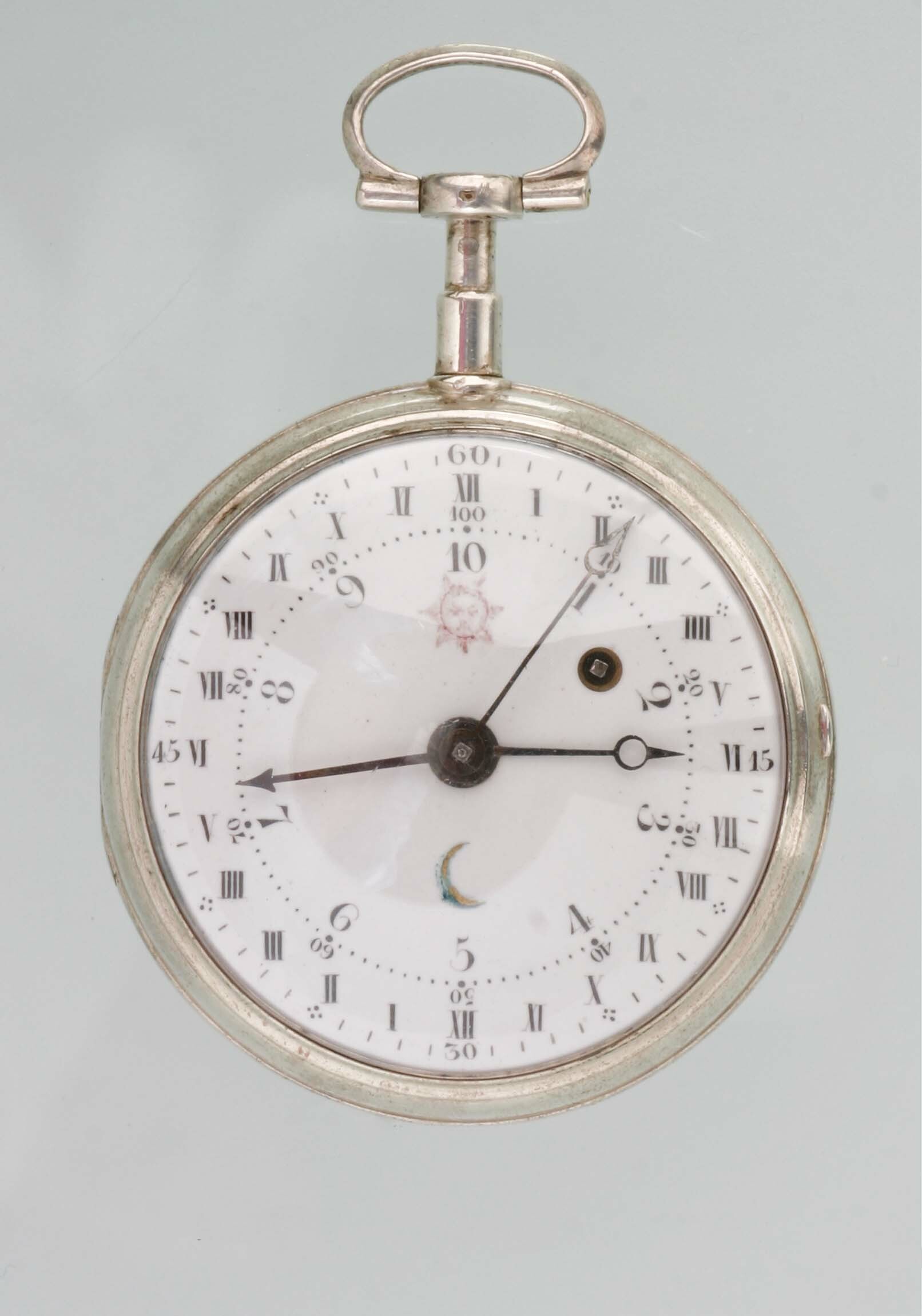 Taschenuhr mit Anzeige von Dezimalzeit und Normalzeit, um 1793 (Deutsches Uhrenmuseum CC BY-SA)