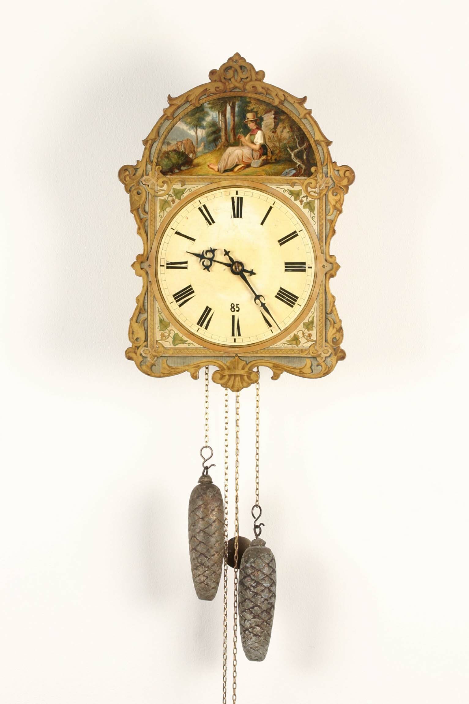Wanduhr mit bemaltem Schild, Werk: Uhrmacherschule Furtwangen, Schild: Dold und Hettich, Furtwangen, 1862 (Deutsches Uhrenmuseum CC BY-SA)