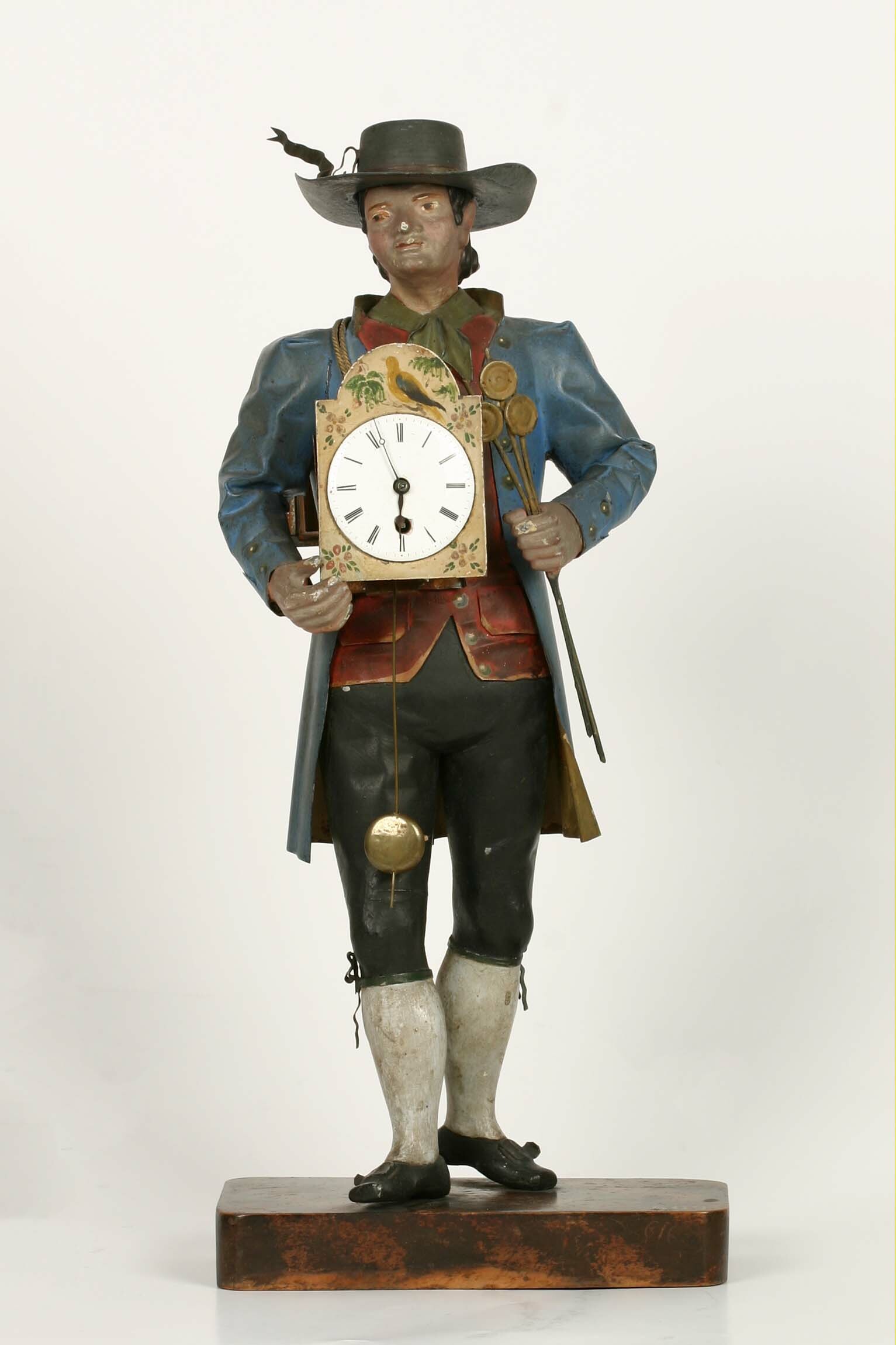 Uhrenträger-Figur, wohl Schwarzwald, 2. Hälfte 19. Jahrhundert (Deutsches Uhrenmuseum CC BY-SA)