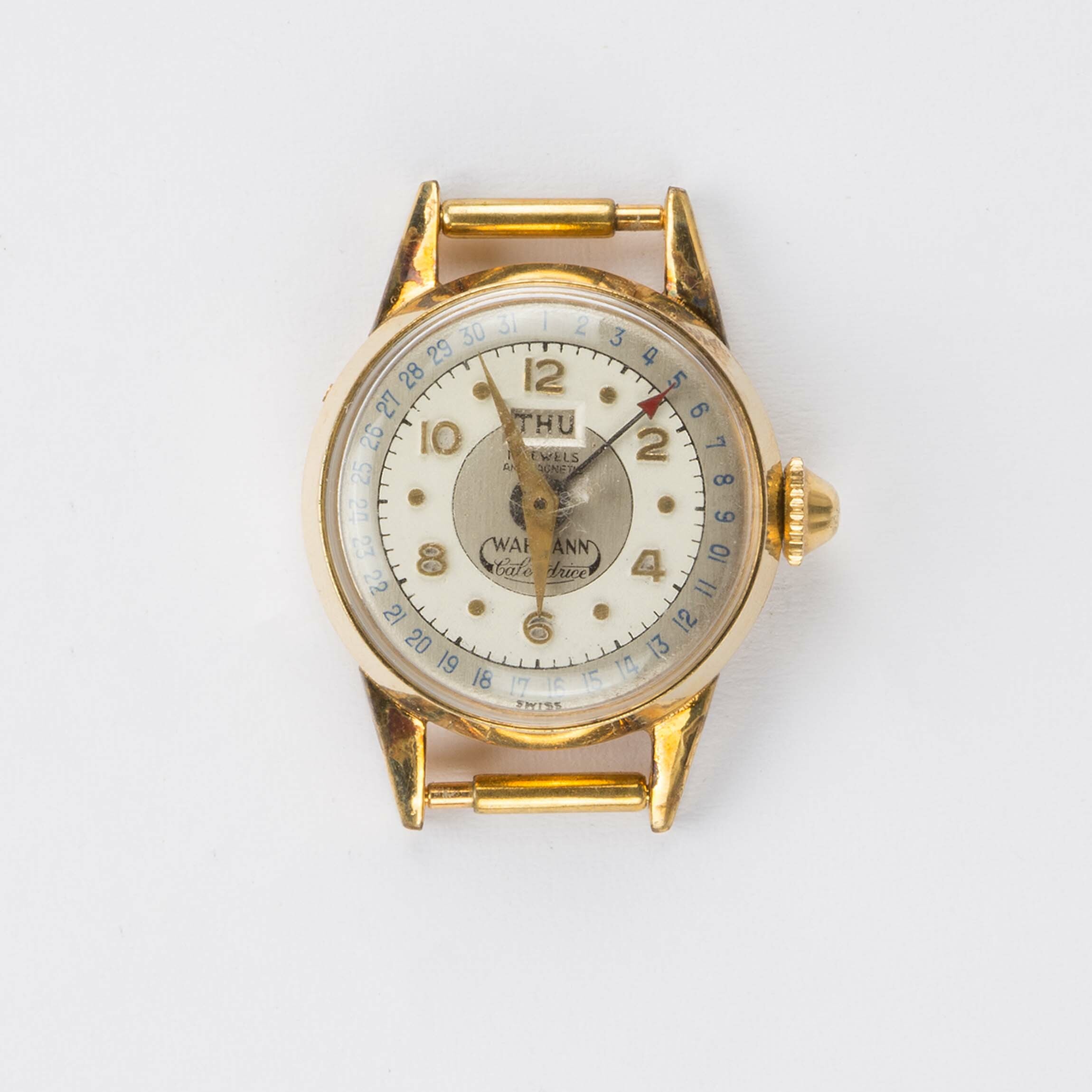 Armbanduhr Wakmann Calendrice, New York und Schweiz, um 1950 (Deutsches Uhrenmuseum CC BY-SA)