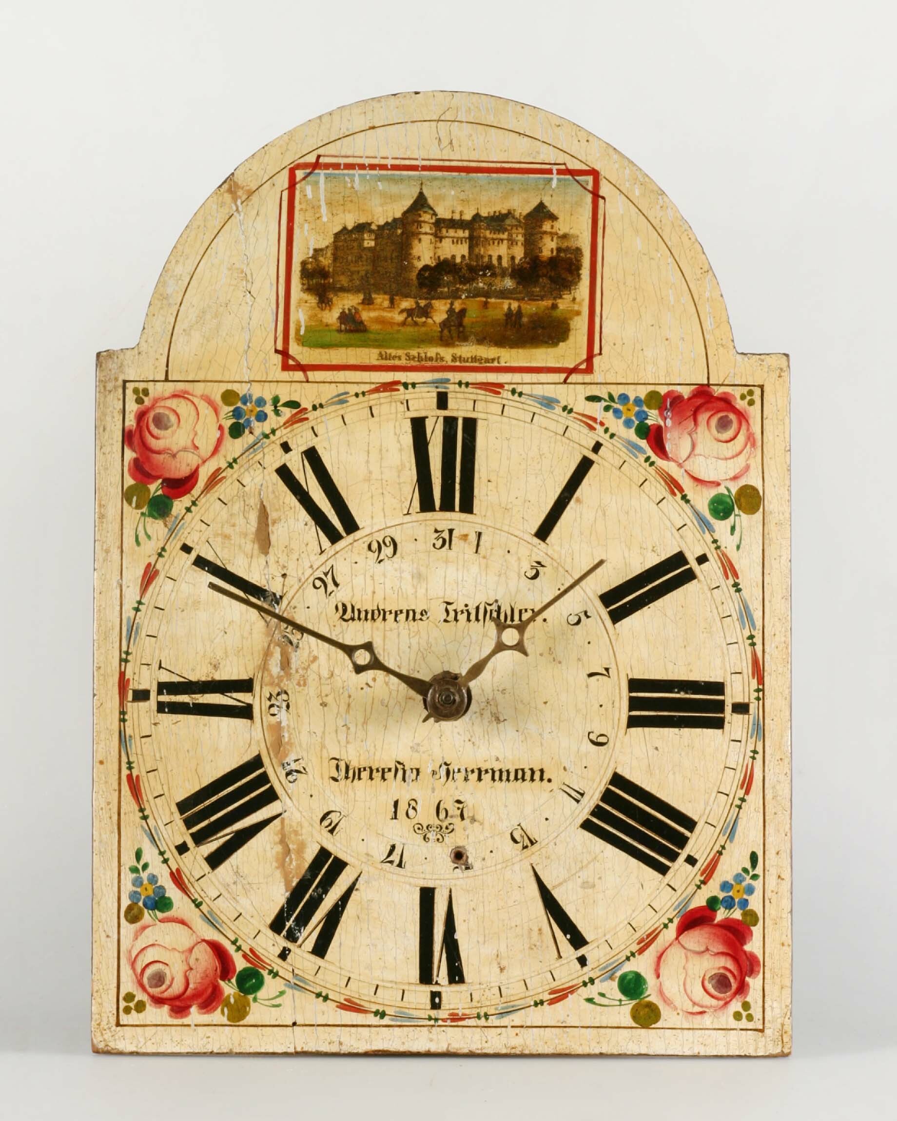 Lackschilduhr, Schwarzwald, 1867 (Deutsches Uhrenmuseum CC BY-SA)