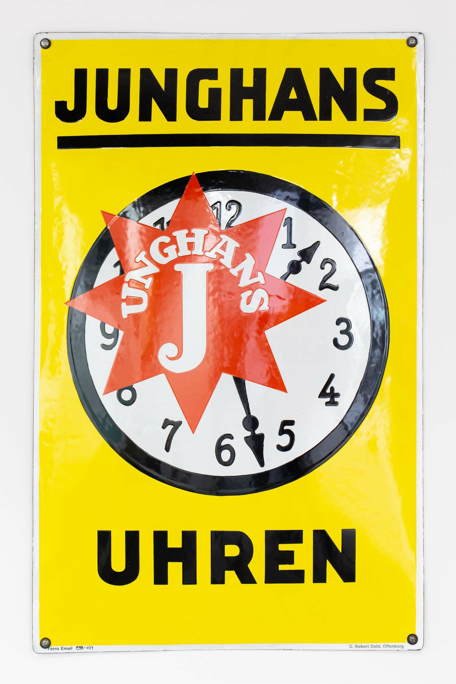 Reklameschild für Junghans-Uhren, C. Dold, Offenburg, um 1930 (Deutsches Uhrenmuseum CC BY-SA)