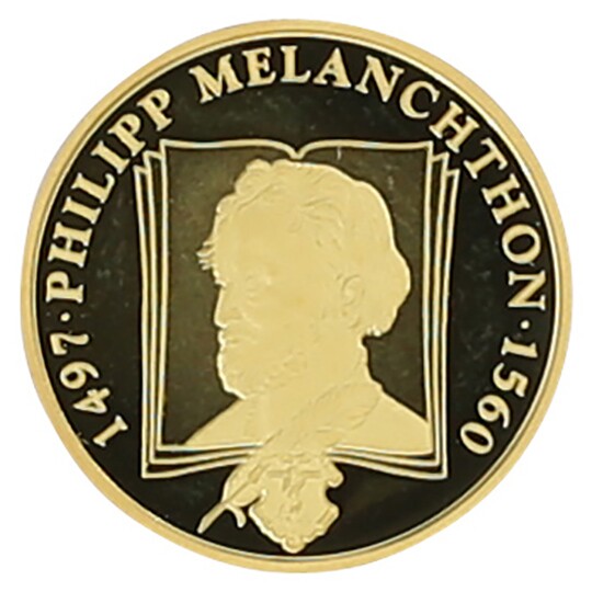 Medaille auf Melanchthons 500. Geburtstag 1997 (Museum im Melanchthonhaus Bretten CC BY-NC-SA)