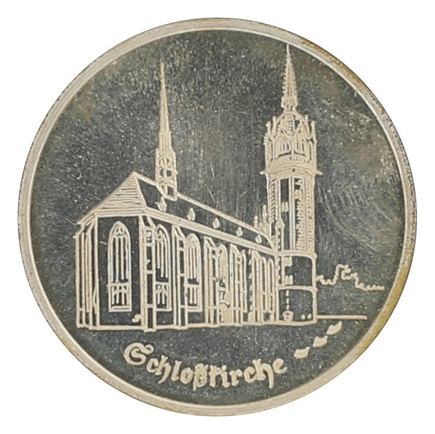 Die Schloßkirche in Wittenberg Medaille 1981 auf Luthers 500. Geburtstag (Museum im Melanchthonhaus Bretten CC BY-NC-SA)