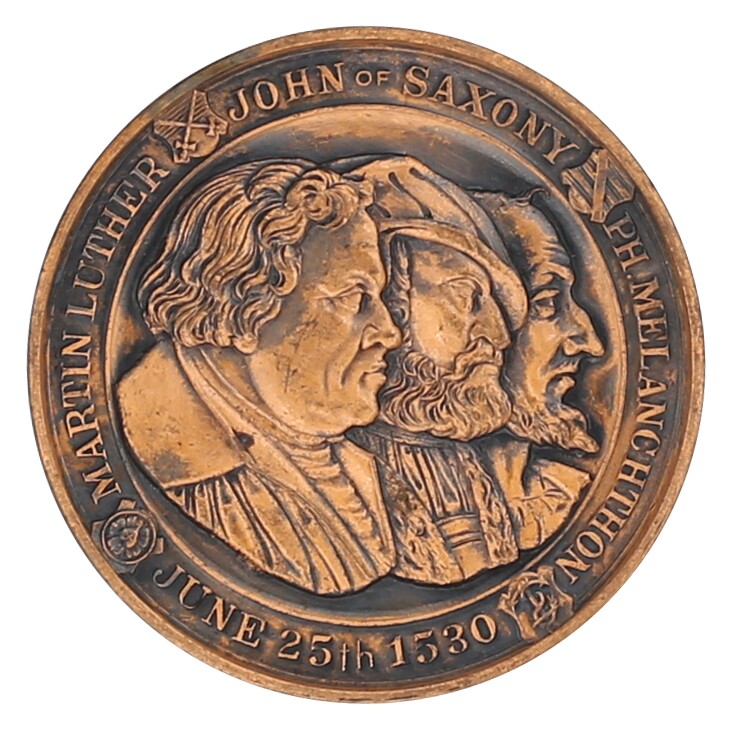 Medaille von 1930 auf die 400-Jahrfeier des Augsburger Bekenntnisses (Museum im Melanchthonhaus Bretten CC BY-NC-SA)