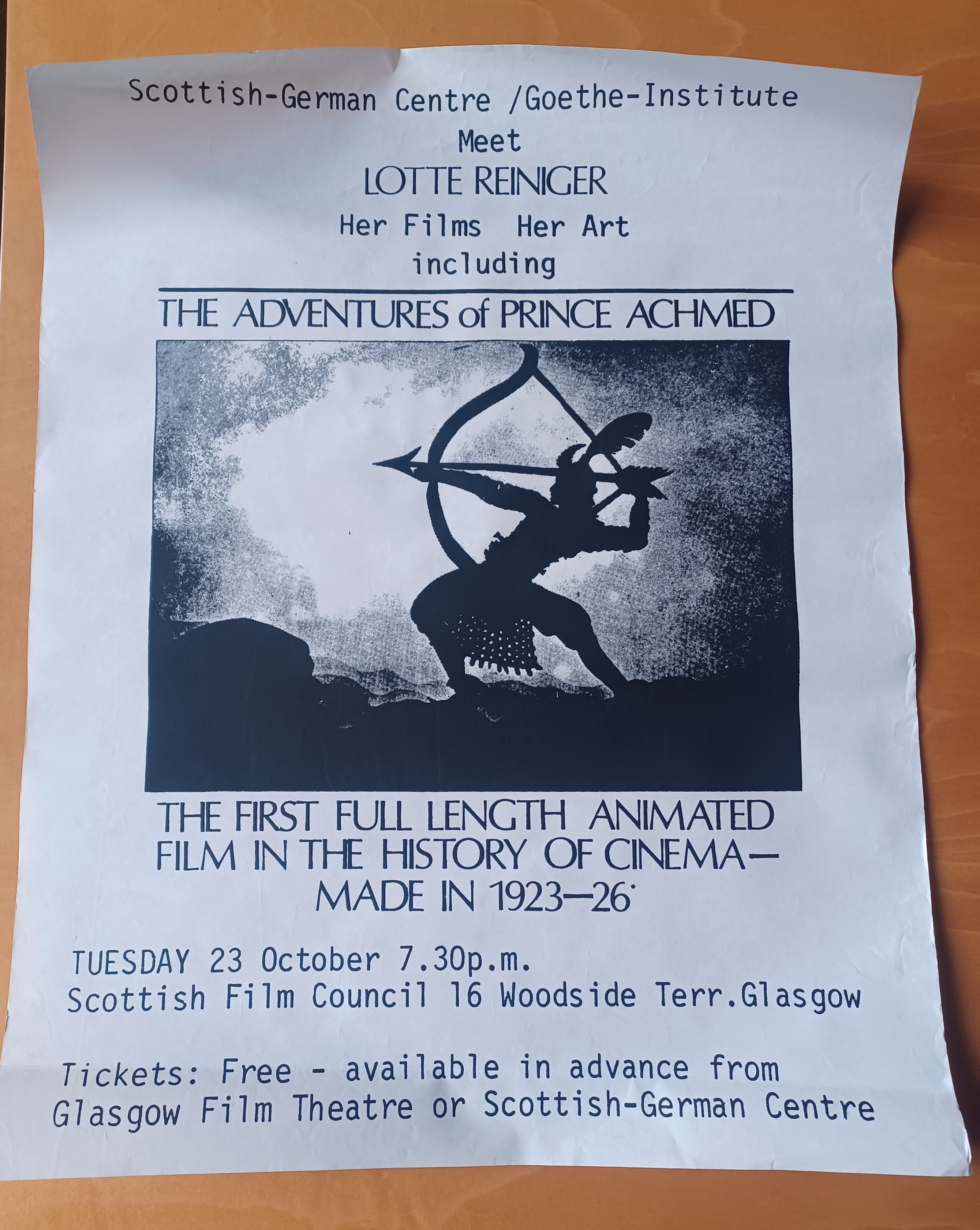 Filmplakat "Die Abenteuer des Prinzen Achmed" / Glasgow (Stadtmuseum Tübingen CC BY-NC-SA)