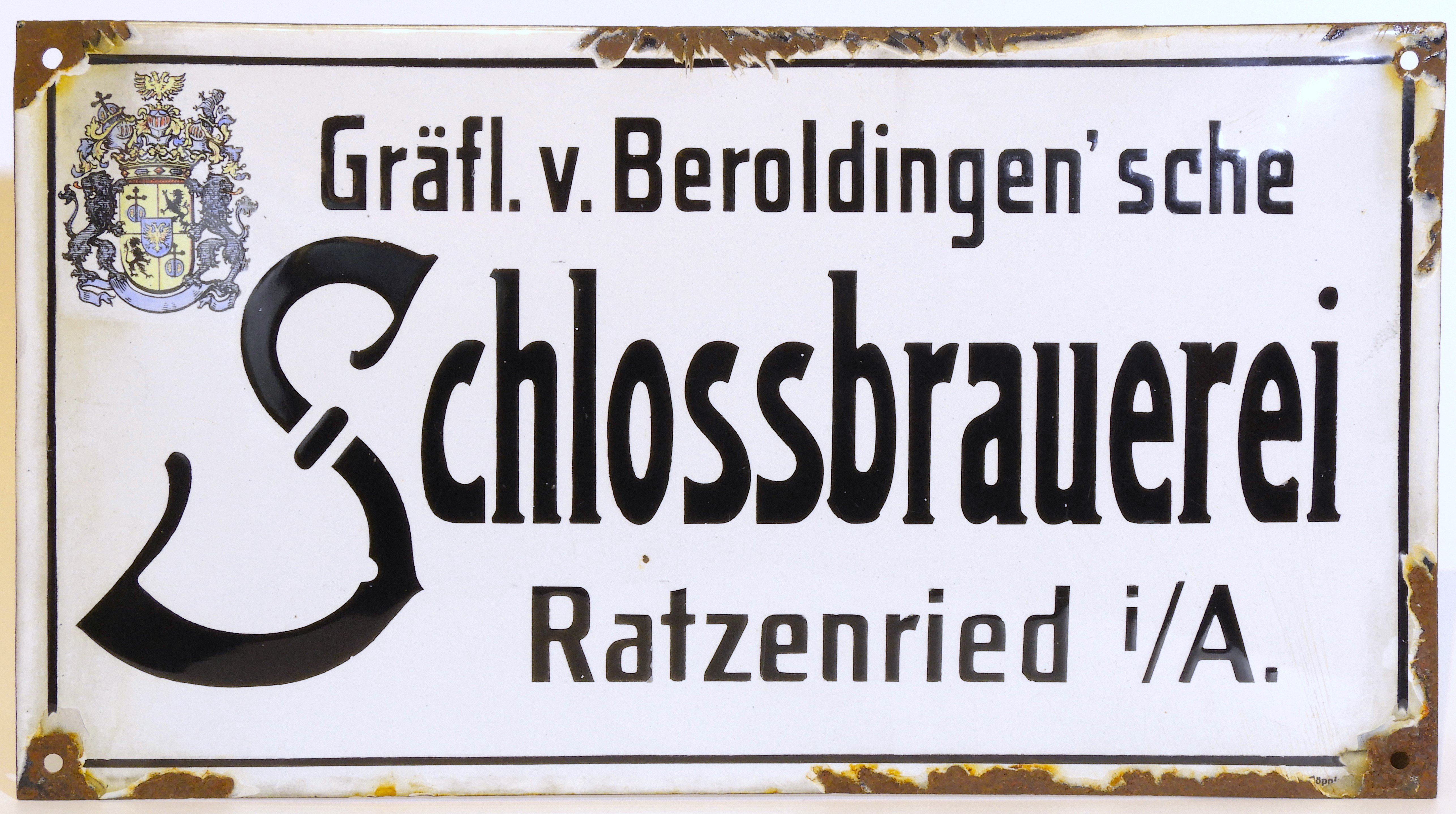 Schild der Beroldingen'schen Schlossbrauerei Ratzenried (Heimatverein Ratzenried CC BY-NC-SA)
