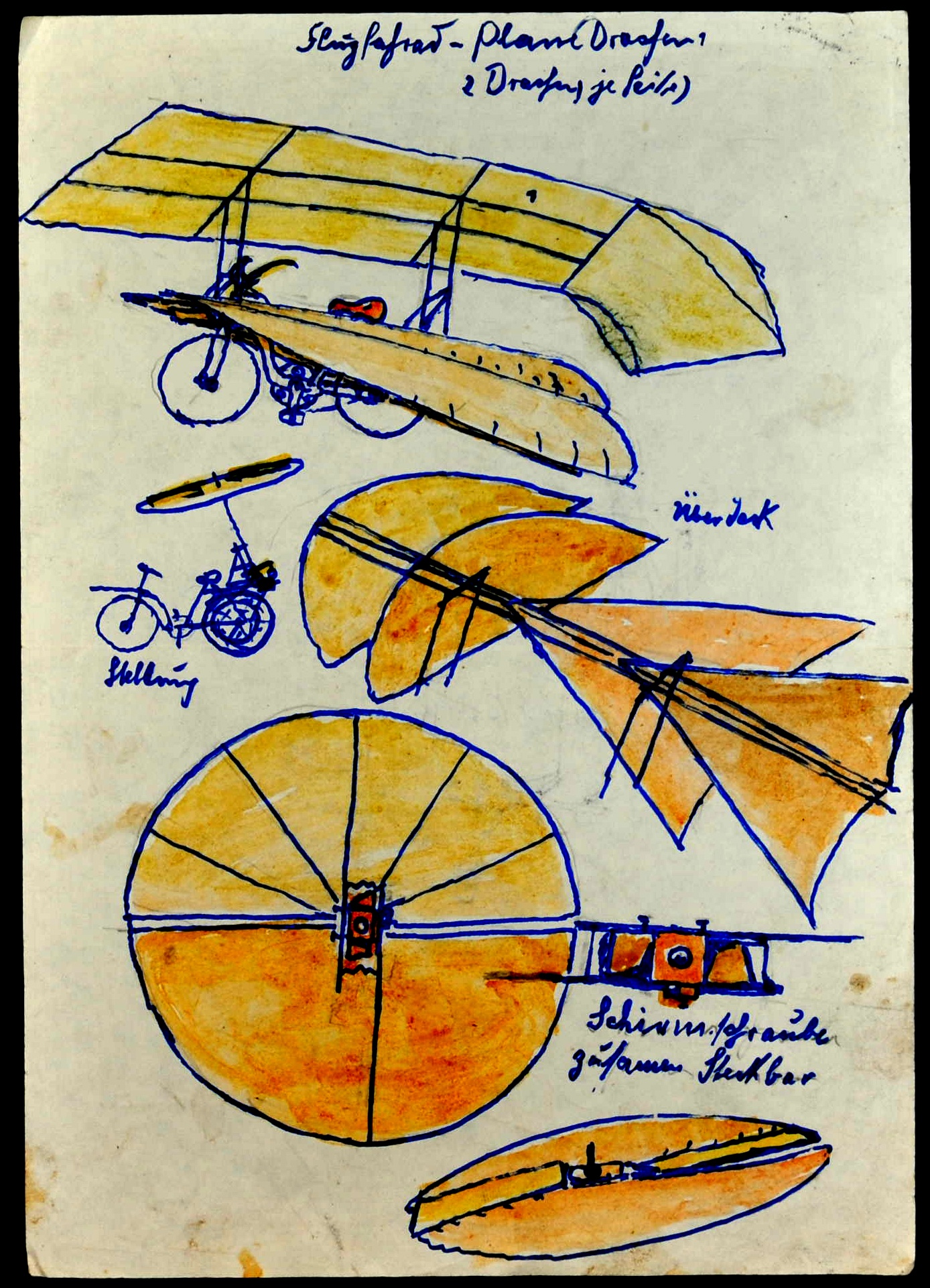 "Flugfahrad - Plane Drachen" ; "Schirmschraube" ; "Zweit Rad Träge" (Gustav Mesmer Stiftung CC BY-NC-SA)