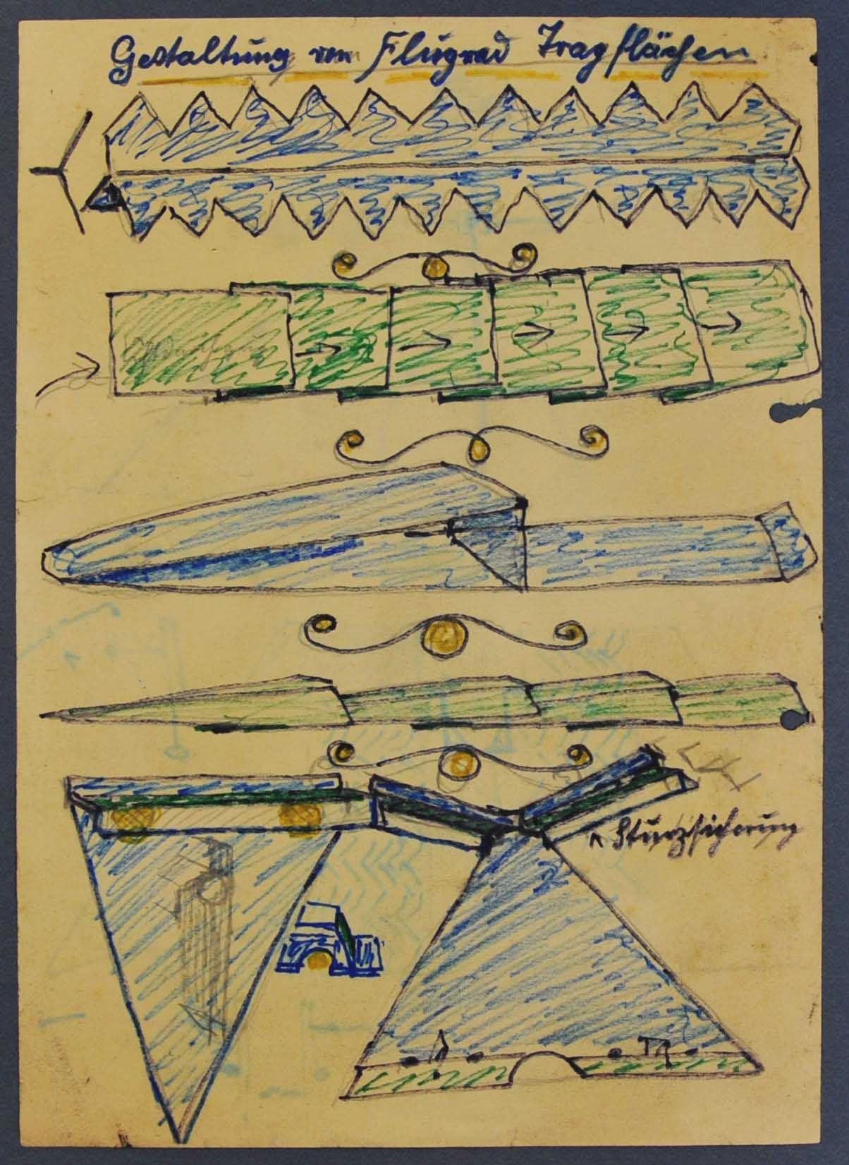 "Seegelschraube" ; "Die Möglichkeit für ein Schwingenflug" ; "Gestaltung von Flugrad Tragflächen" (Gustav Mesmer Stiftung CC BY-NC-SA)