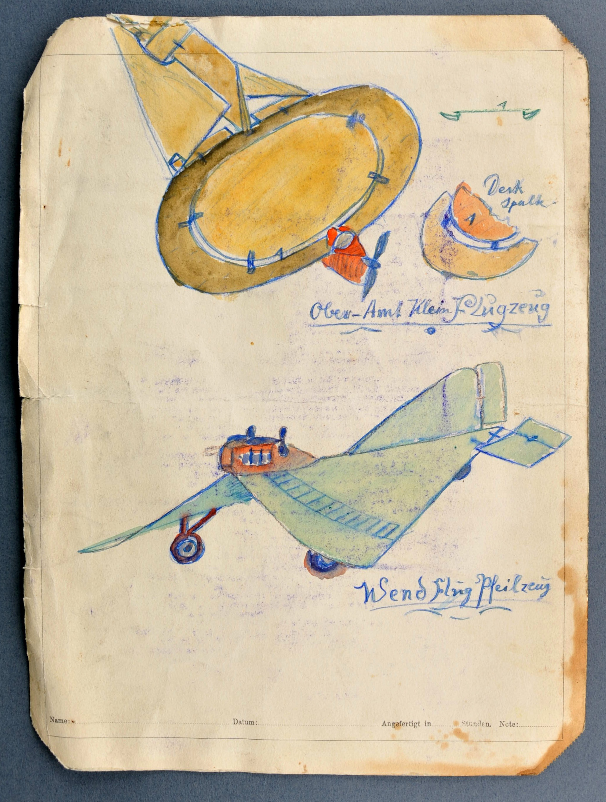 "Ober-Amt Klein Flugzeug" ; "Wend Flug Pfeilzeug" ; "Fuss-Schwinge" ; "Schraub-Roller" (Gustav Mesmer Stiftung CC BY-NC-SA)