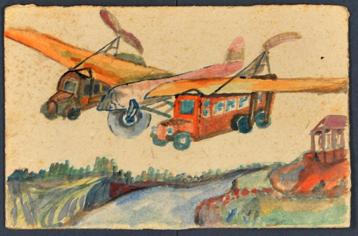 Flugbusse über einer Landschaft (Gustav Mesmer Stiftung CC BY-NC-SA)