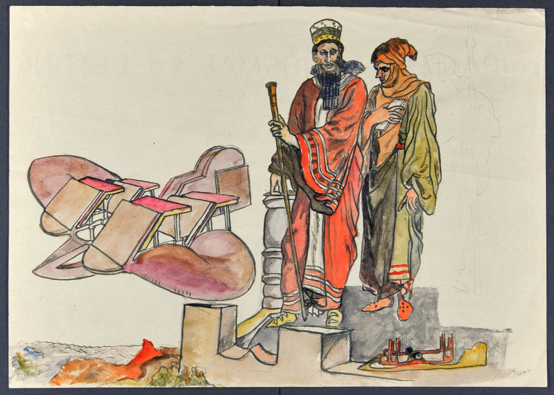 Zwei Personen in antiken Gewändern und ein Fluggerät (Gustav Mesmer Stiftung CC BY-NC-SA)