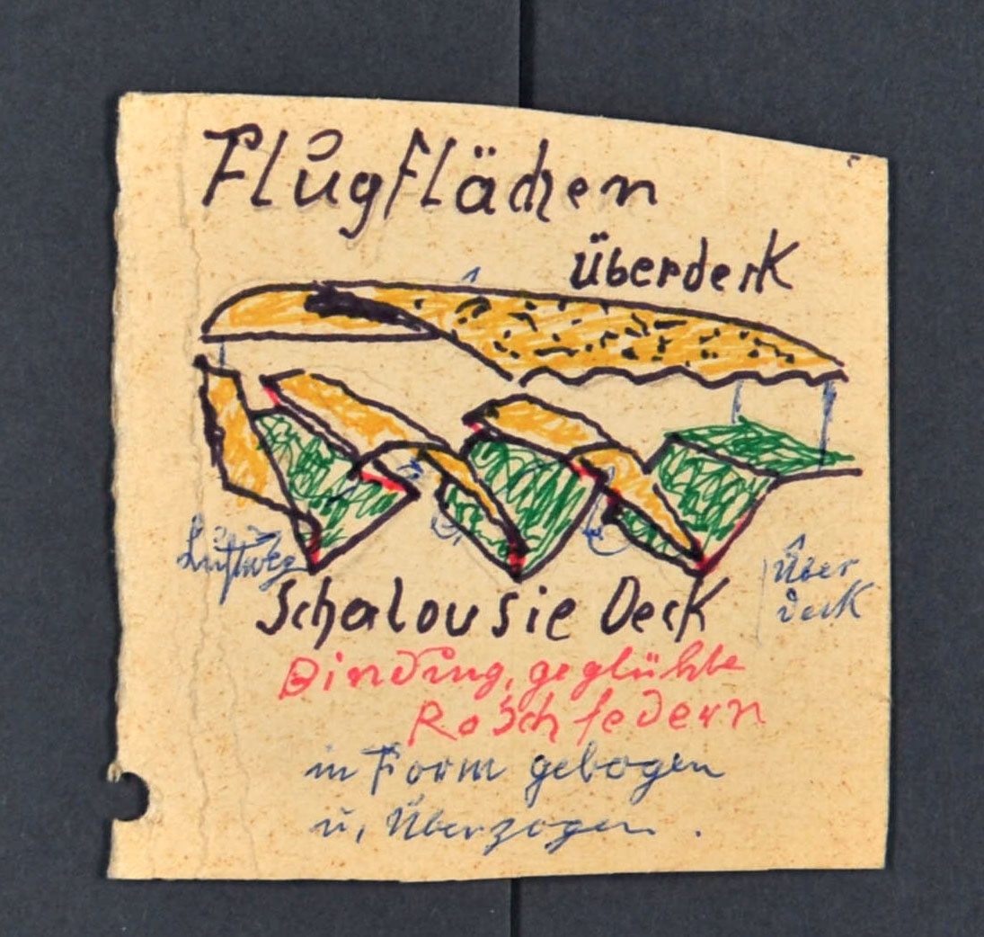 "Flug Flächen Überdeck, Schalousie Deck" ; Schneckenantriebsflugfahrrad (Gustav Mesmer Stiftung CC BY-NC-SA)