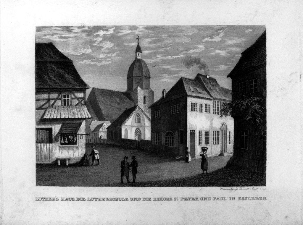 Luther`s Haus, Die Lutherschule und die Kirche St. Peter und Paul in Eisleben (Museum im Melanchthonhaus Bretten CC BY-NC-SA)