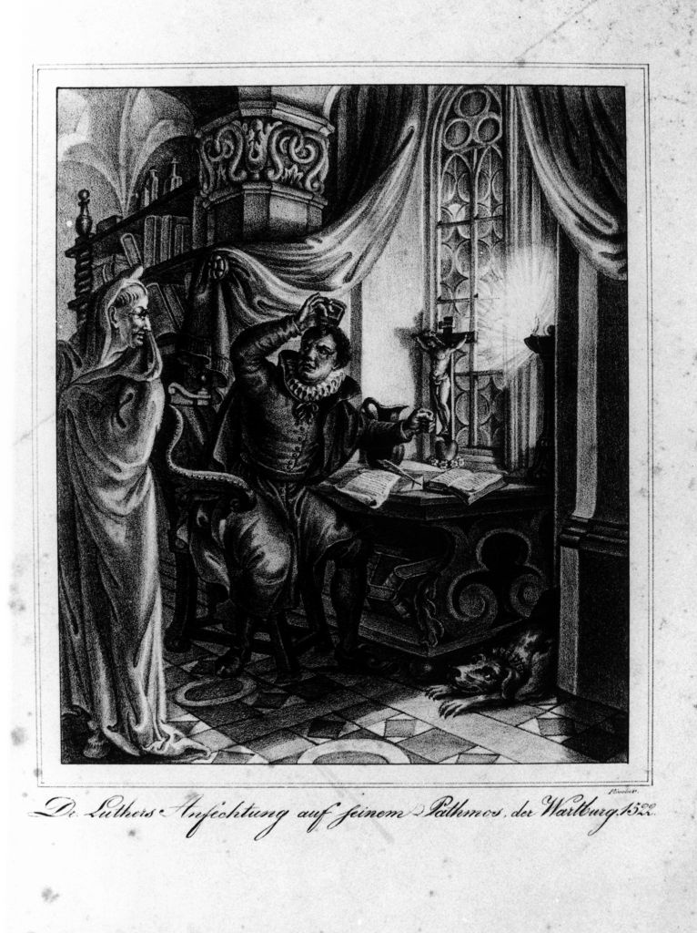 Dr. Luthers Anfechtung auf seinem Pathmos, der Wartburg 1522 (Museum im Melanchthonhaus Bretten CC BY-NC-SA)