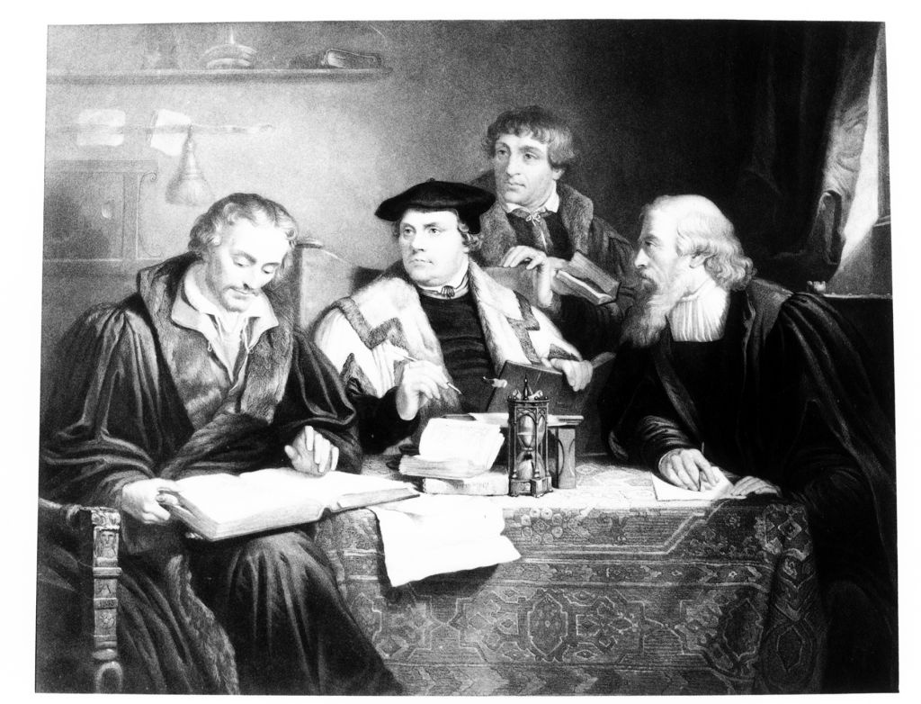 Luther, Melanchthon, Pomeranus und Cruciger übersetzen die Bibel im Jahr 1532 (Museum im Melanchthonhaus Bretten CC BY-NC-SA)
