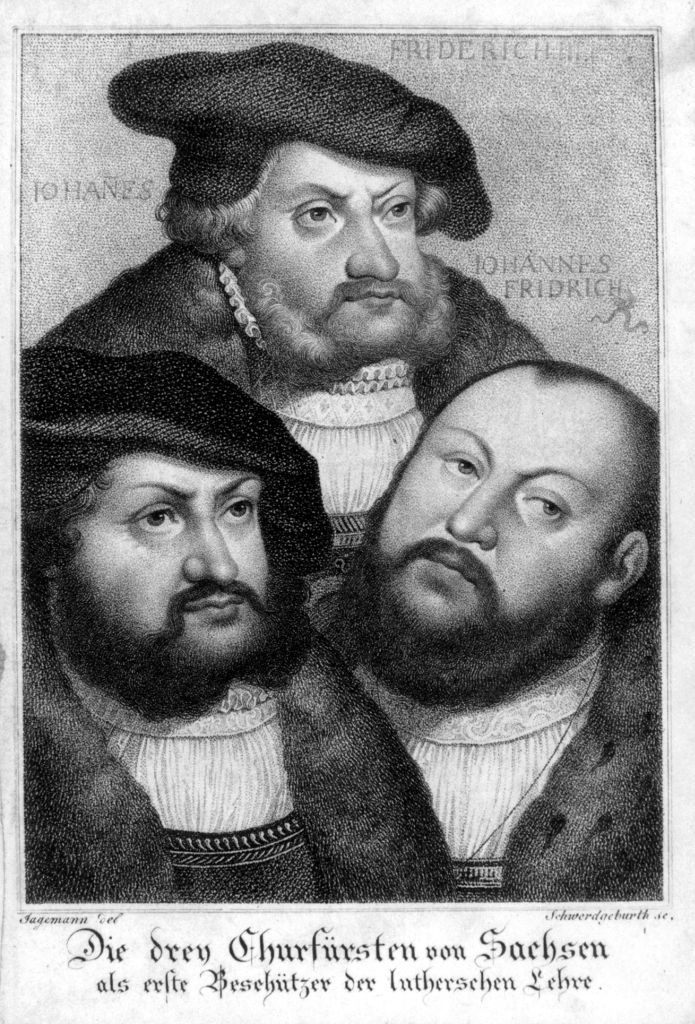 Die drei Kurfürsten von Sachsen als erste Beschützer der lutherschen Lehre (Museum im Melanchthonhaus Bretten CC BY-NC-SA)