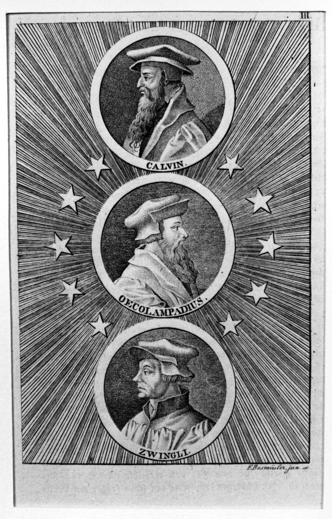 Johannes Calvin, Johannes Oecolampadius und Ulrich Zwingli (Museum im Melanchthonhaus Bretten CC BY-NC-SA)