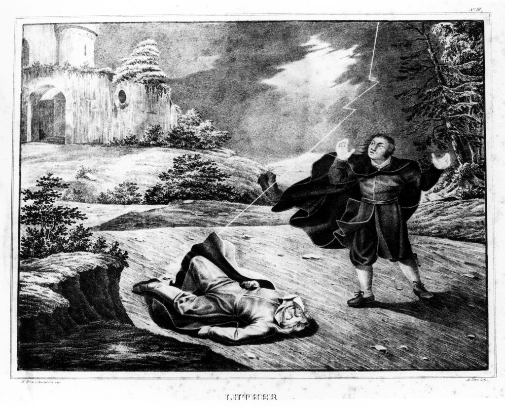 Luthermit seinem vom Blitz erschlagenen Freund  Alexius im Jahre 1505 (Museum im Melanchthonhaus Bretten CC BY-NC-SA)