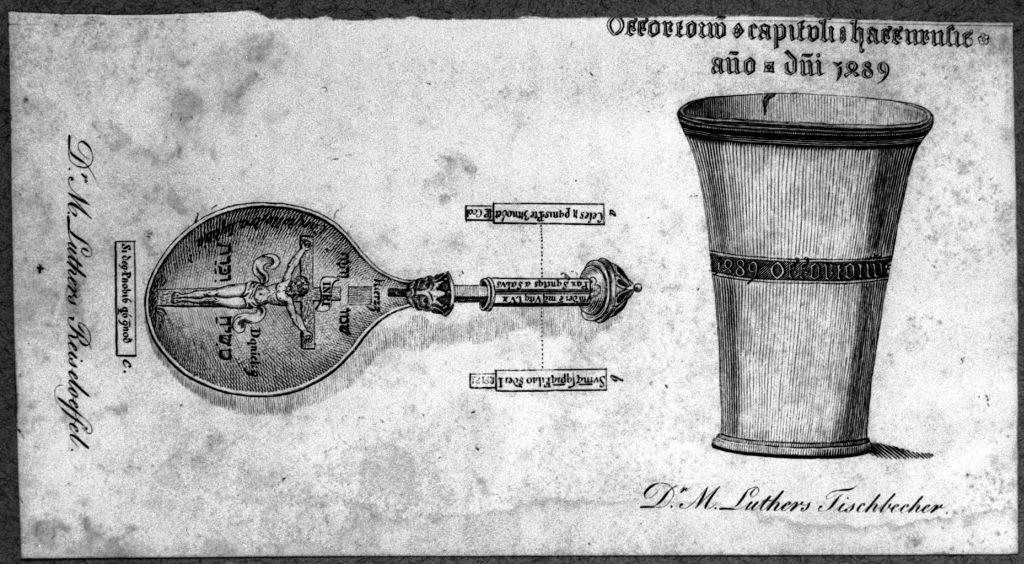 Luther-Memorabilien: Dr. M. Luthers Reiselöffel und Tischbecher (Museum im Melanchthonhaus Bretten CC BY-NC-SA)