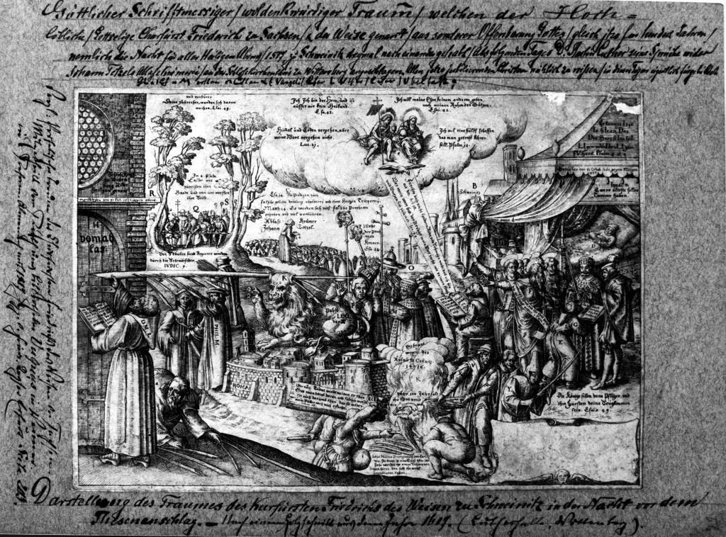 Religiöses Flugblatt: Der Traum des sächsischen Kurfürsten Friedrichs des Weisen 1617 (Museum im Melanchthonhaus Bretten CC BY-NC-SA)