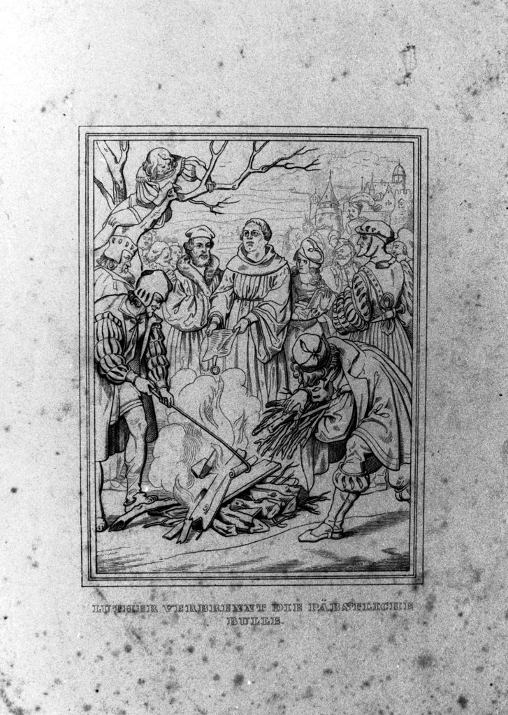 Luther verbrennt die päpstliche Bulle (Museum im Melanchthonhaus Bretten CC BY-NC-SA)