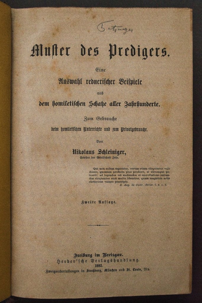 Nikolaus Schleiniger, Muster des Predigers ([1868]; 2. Aufl. Freiburg im Breisgau, 1882). (Heimatarchiv Schnaitsee CC BY-NC-SA)